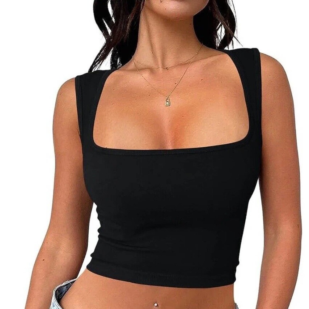 Meyeeka Women's Sexy Sleeveless Crop top Seamless Square Neck Trendy Tank top M